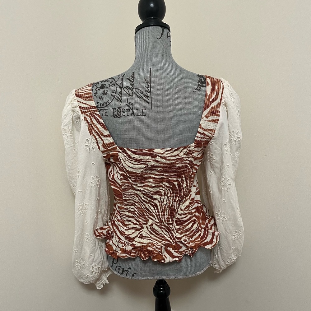 Anthro. Love the Label Smocked Zebra Blouse with Eyelet Puff Sleeves, M - Picture 9 of 15